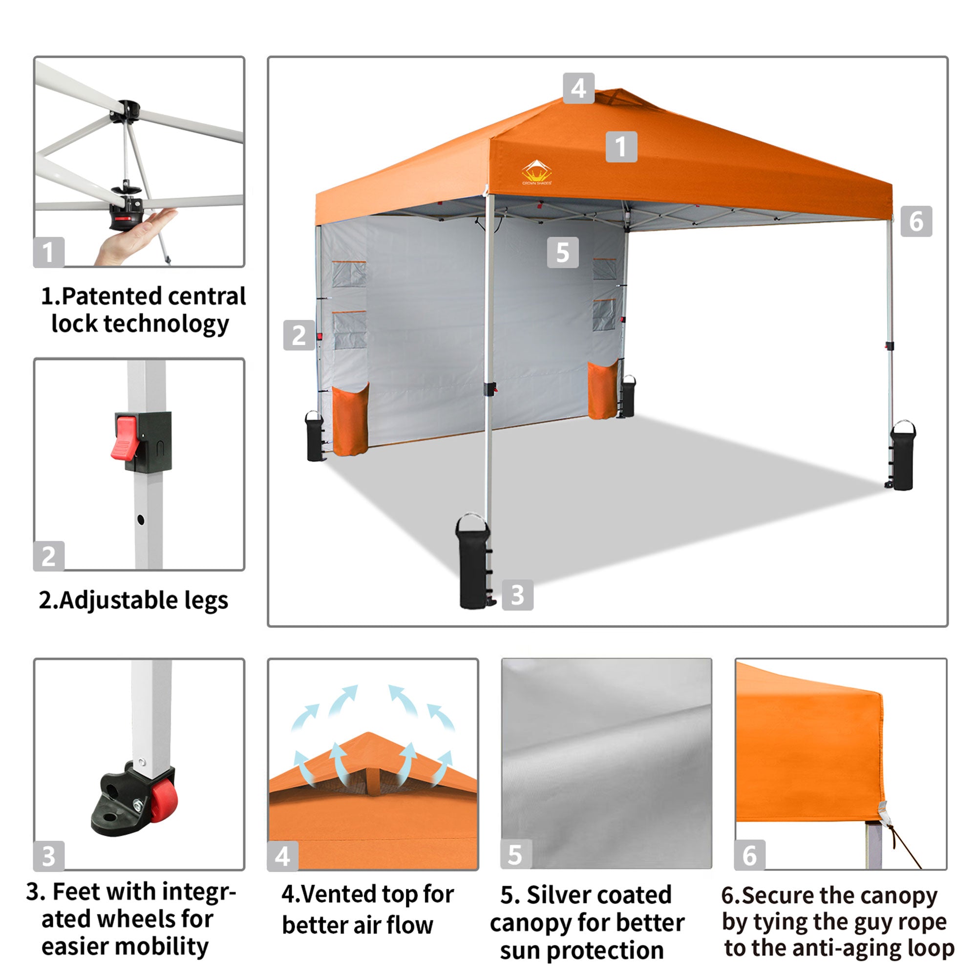 CROWN SHADES 10x10 Ft Pop Up Canopy Tent with Organizer Pocket Sidewall, Orange