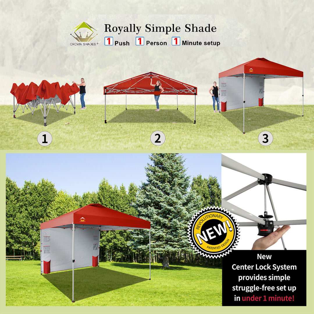 CROWN SHADES 10x10 Ft Pop Up Canopy with Organizer Pocket Sidewall, Red (Used) - VMInnovations