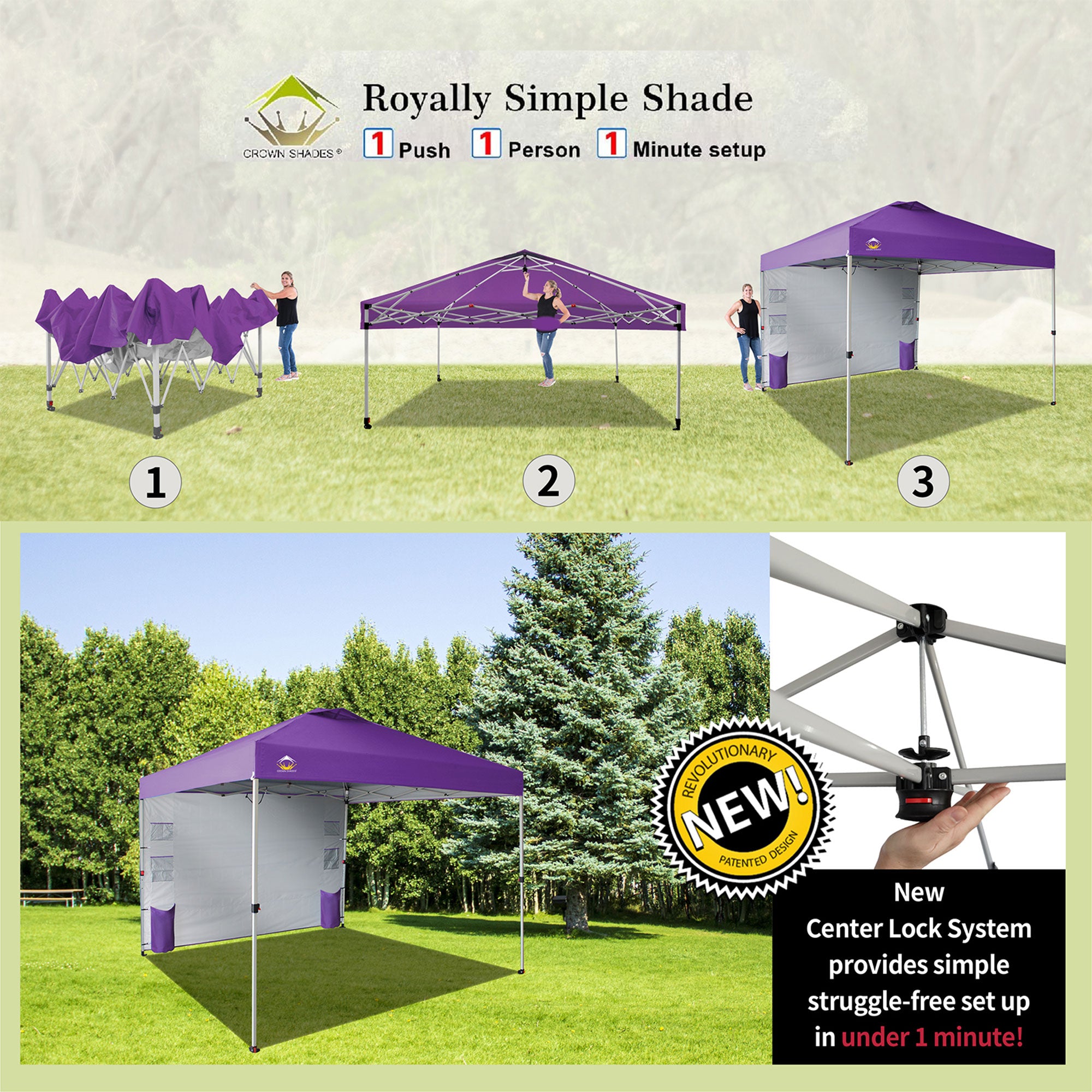 CROWN SHADES 10x10 Ft Pop Up Canopy Tent w/Organizer Sidewall, Purple (Used) - VMInnovations