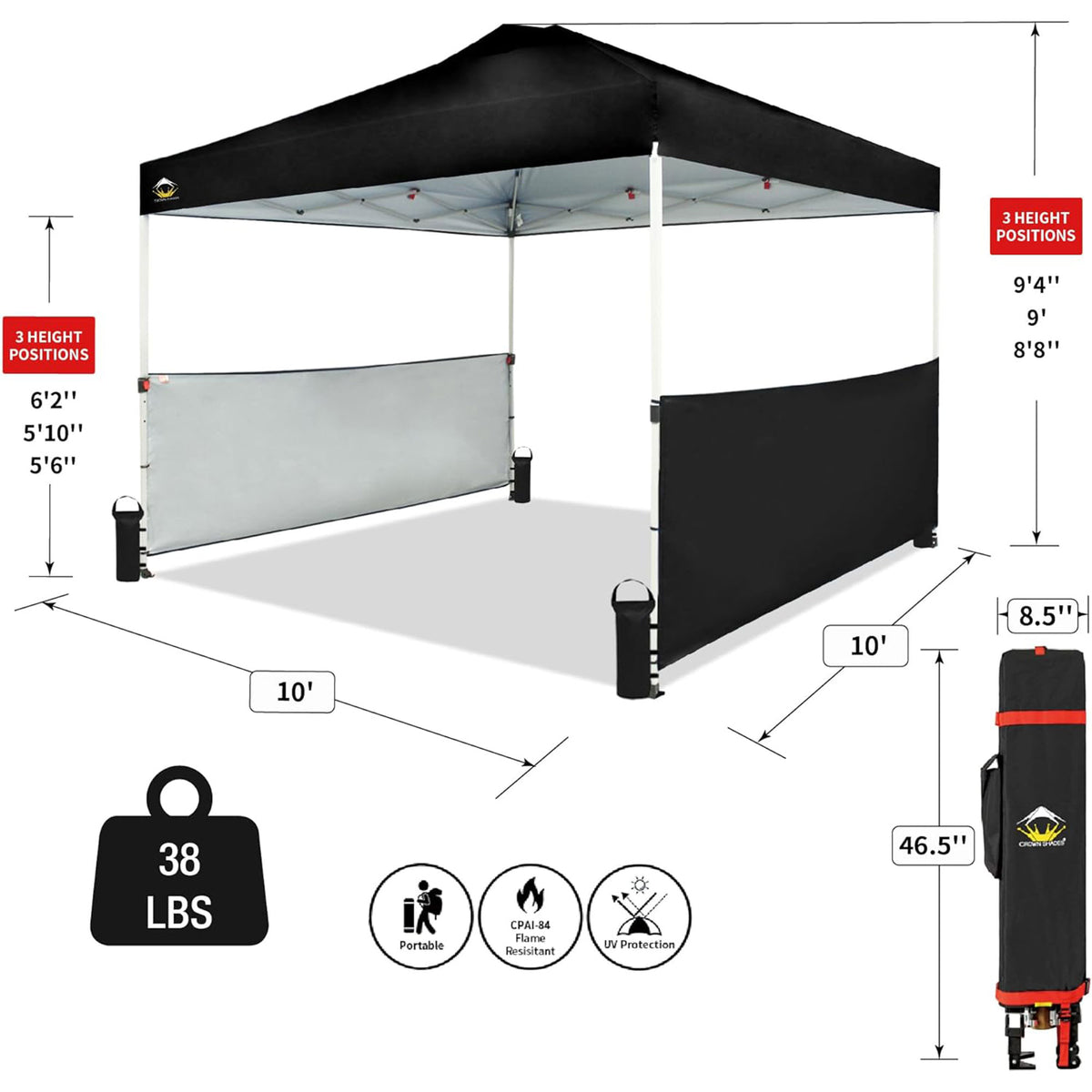 CROWN SHADES 10x10 Ft Pop Up Outdoor Canopy Tent with 2 Half Sidewalls, Black