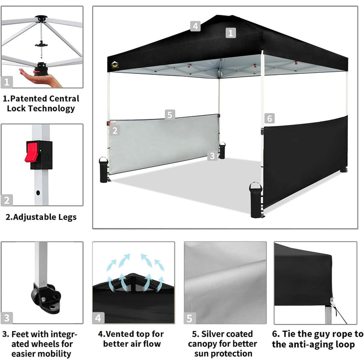 CROWN SHADES 10x10 Ft Pop Up Outdoor Canopy Tent w/2 Half Sidewalls, Black(Used) - VMInnovations