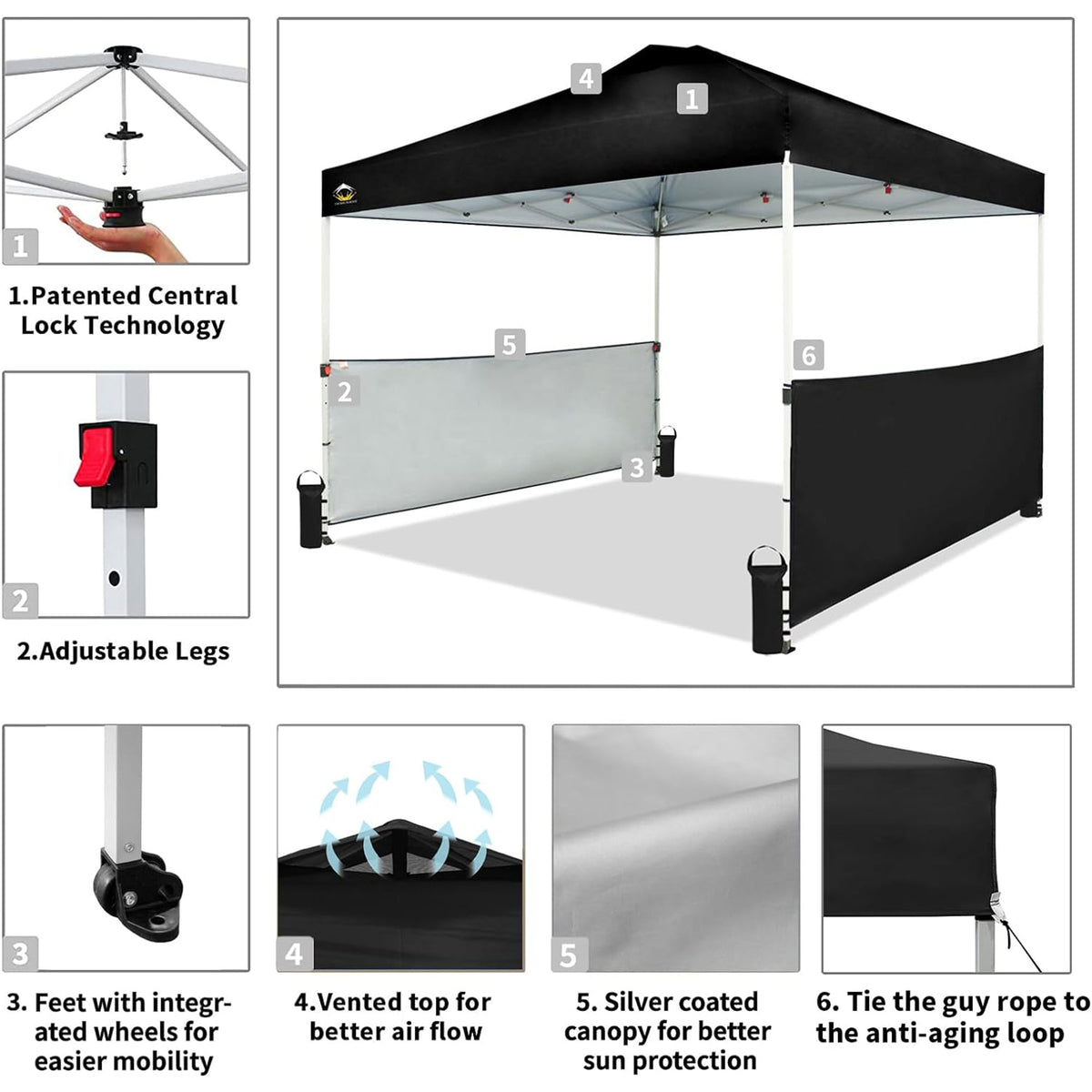 CROWN SHADES 10x10 Ft Pop Up Outdoor Canopy Tent with 2 Half Sidewalls, Black
