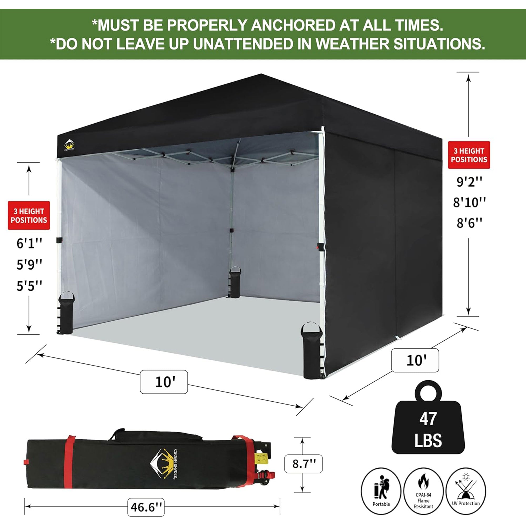 CROWN SHADES 10x10 Ft Pop Up Canopy Tent with 2 Wheels and 4 Sidewalls, Black
