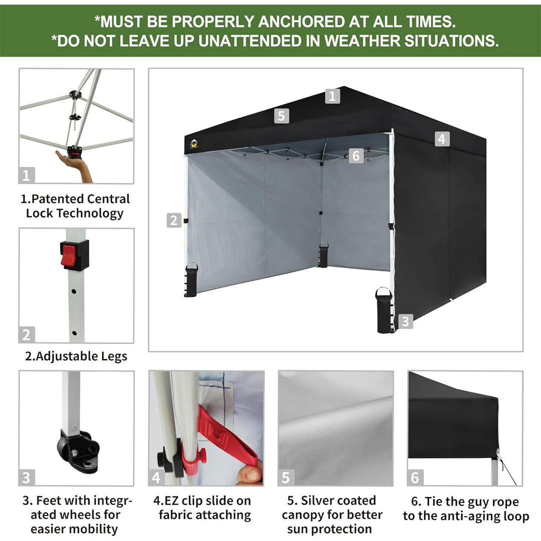 CROWN SHADES 10x10 Ft Pop Up Canopy with 2 Wheels & 4 Sidewalls, Black (Used) - VMInnovations