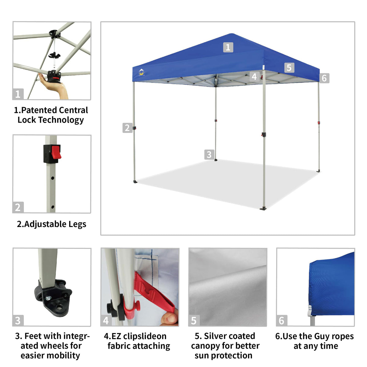 CROWN SHADES 8x8 Ft Pop Up Outdoor Canopy Tent with 1 Push Center Lock, Blue