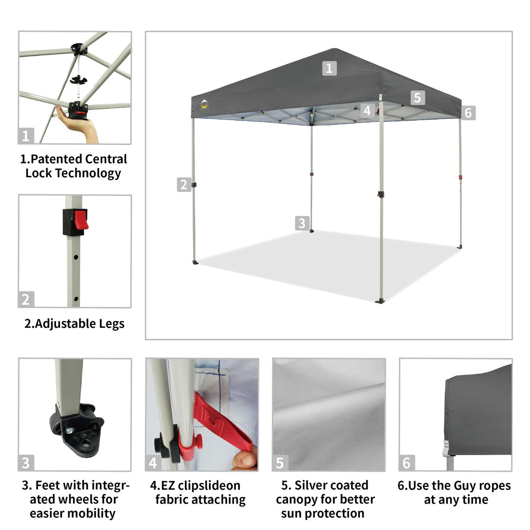 CROWN SHADES 8x8 Ft Pop Up Canopy Tent with 1 Push Center Lock, Gray (Used) - VMInnovations