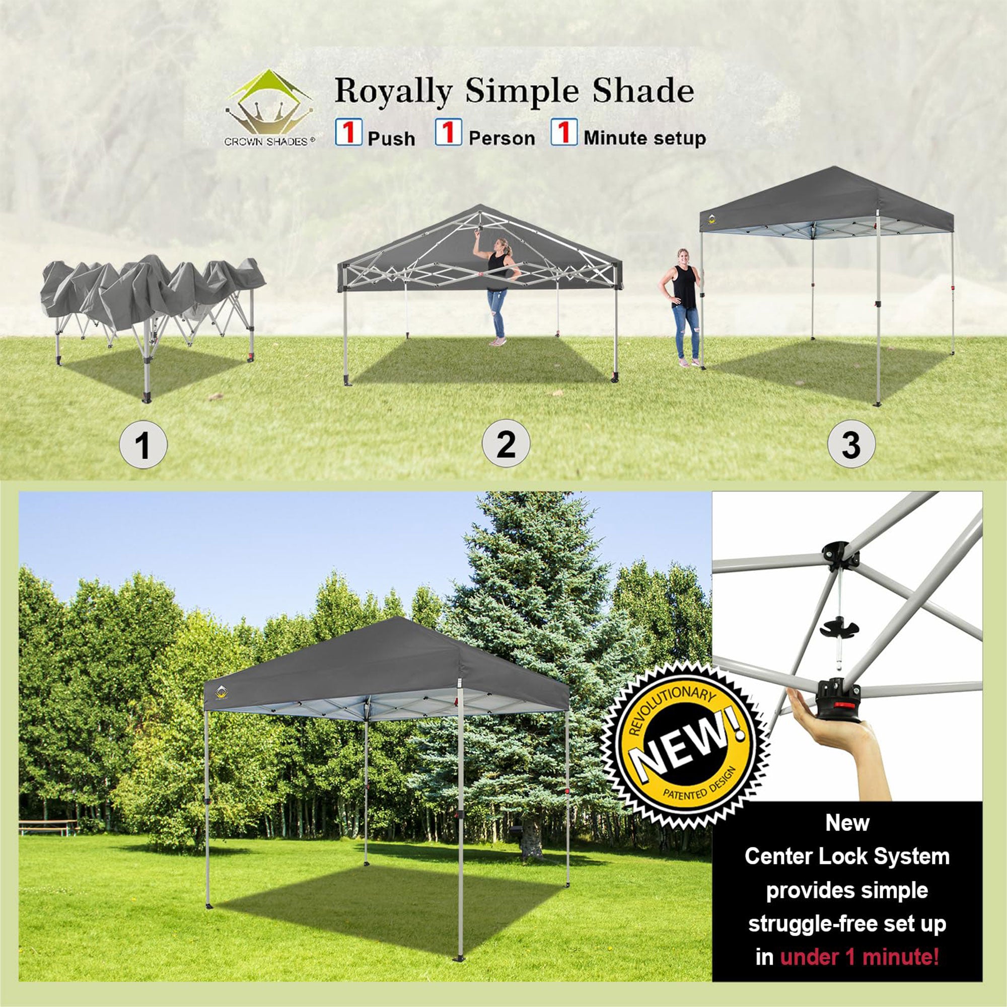 CROWN SHADES 8x8 Ft Pop Up Canopy Tent with 1 Push Center Lock, Gray (Used) - VMInnovations
