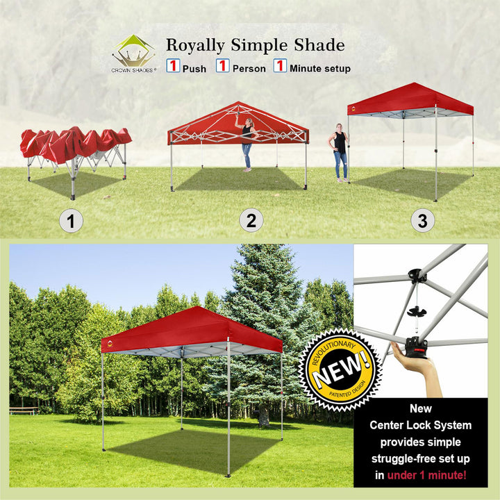 CROWN SHADES 8x8 Ft Pop Up Outdoor Canopy Tent with 1 Push Lock, Red (Used) - VMInnovations