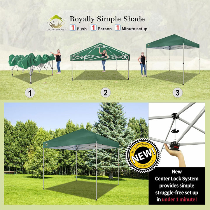 CROWN SHADES 8x8 Ft Pop Up Outdoor Canopy Tent, 1 Push Lock, Forest Green (Used) - VMInnovations