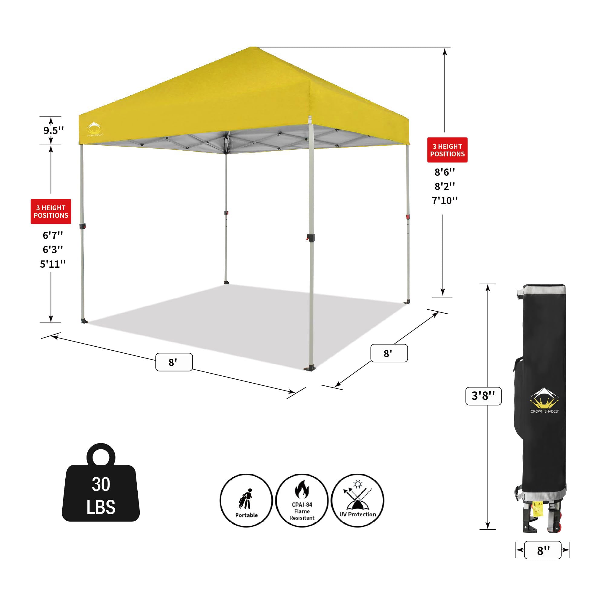 CROWN SHADES 8x8 Ft Pop Up Outdoor Canopy Tent with 1 Push Center Lock, Yellow