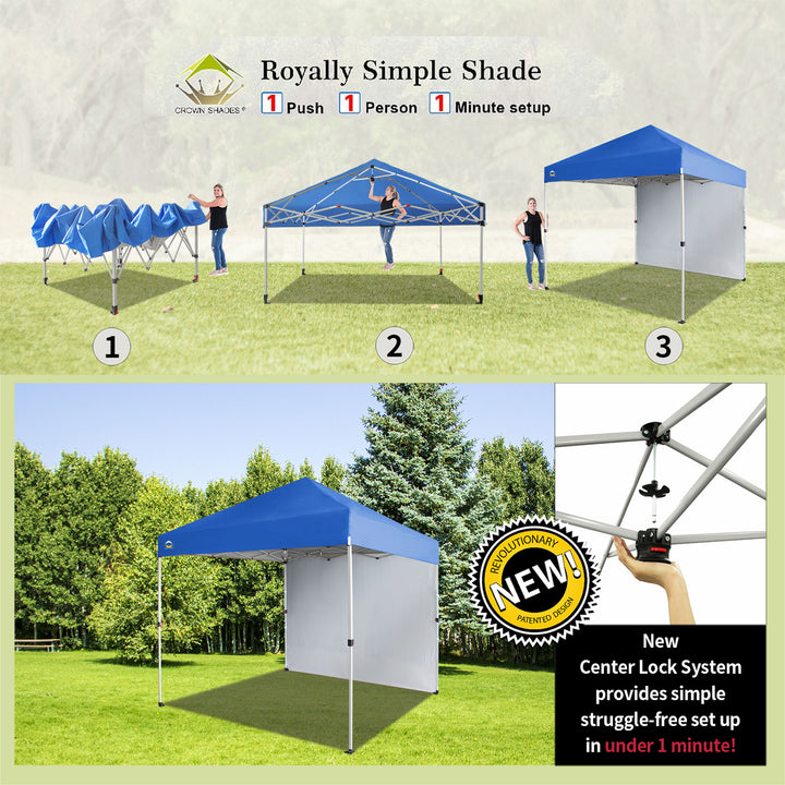 CROWN SHADES 8x8 Ft Pop Up Canopy Tent w/ Sidewall & 1 Push Lock, Blue (Used) - VMInnovations