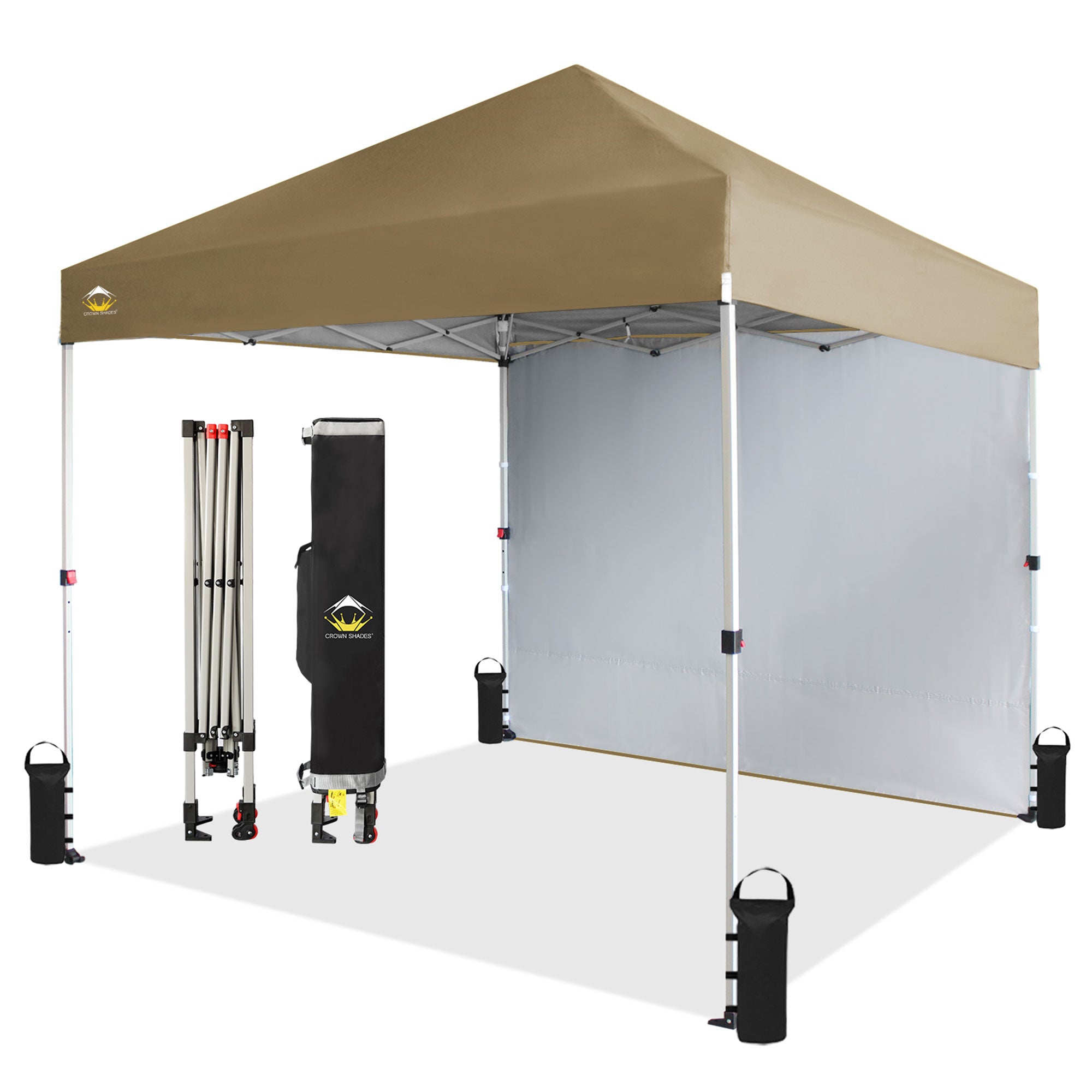 CROWN SHADES 8x8 Ft Pop Up Canopy Tent w/ Sidewall & 1 Push Center Lock, Beige - VMInnovations