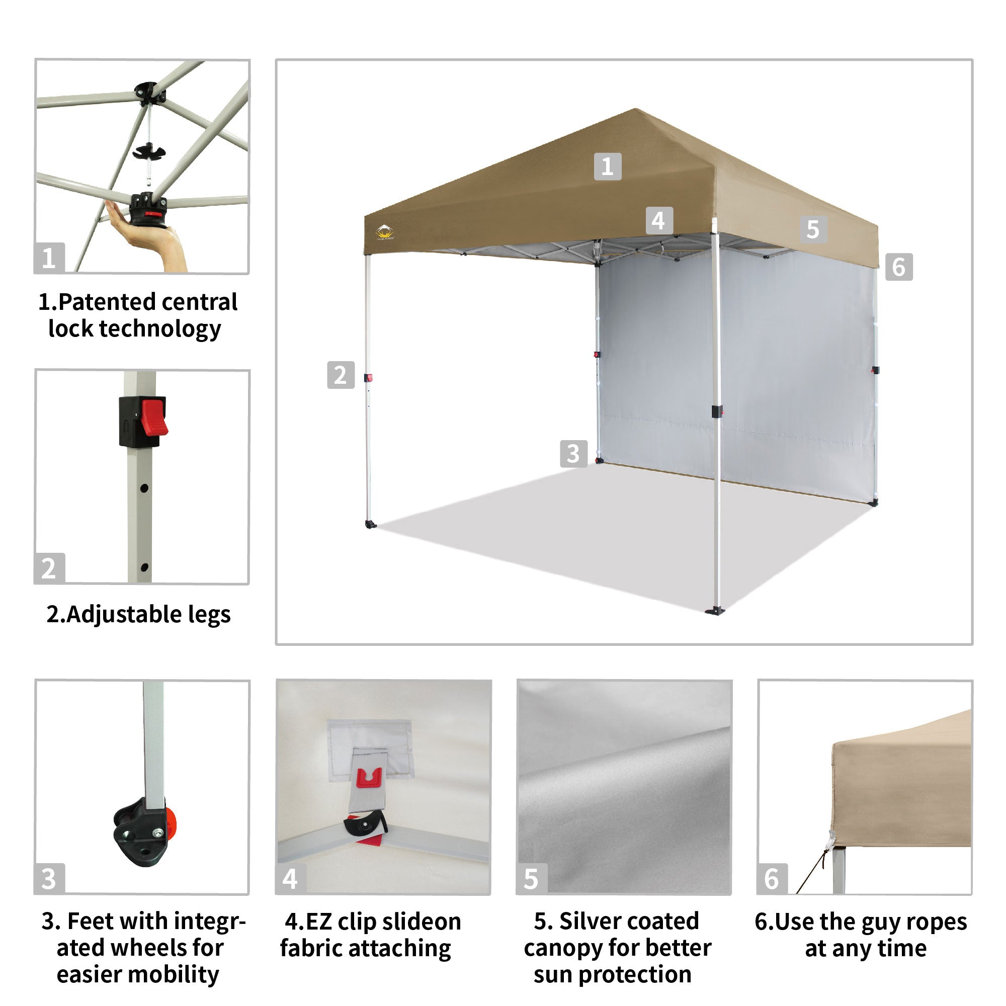 CROWN SHADES 8x8 Ft Pop Up Canopy Tent w/ Sidewall & 1 Push Center Lock, Beige - VMInnovations