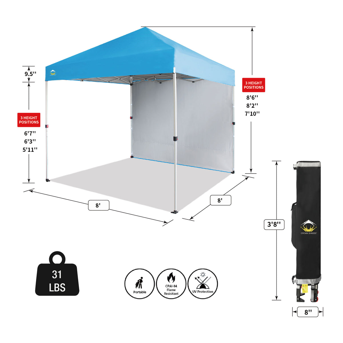CROWN SHADES 8x8 Ft Pop Up Canopy Tent w/Sidewall & 1 Push Center Lock, Sky Blue