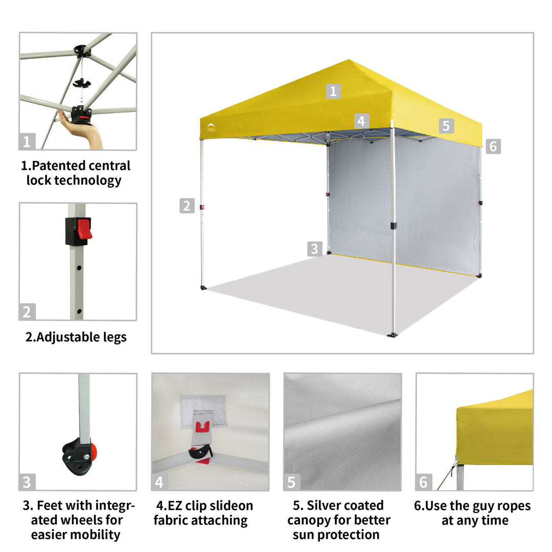 CROWN SHADES 8x8 Ft PopUp Canopy w/ Sidewall & 1 Push Center Lock, Yellow (Used) - VMInnovations