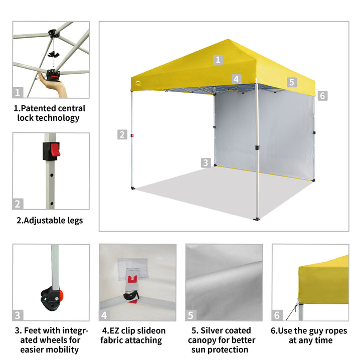 CROWN SHADES 8x8 Ft PopUp Canopy w/ Sidewall & 1 Push Center Lock, Yellow (Used) - VMInnovations