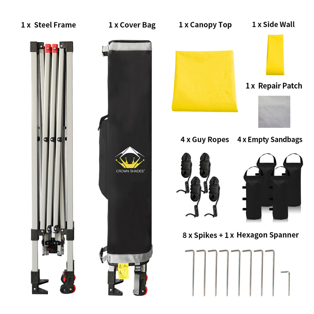 CROWN SHADES 8x8 Ft PopUp Canopy w/ Sidewall & 1 Push Center Lock, Yellow (Used) - VMInnovations