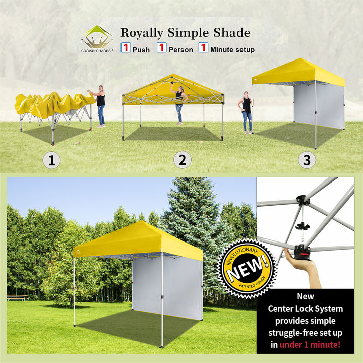 CROWN SHADES 8x8 Ft PopUp Canopy w/ Sidewall & 1 Push Center Lock, Yellow (Used) - VMInnovations