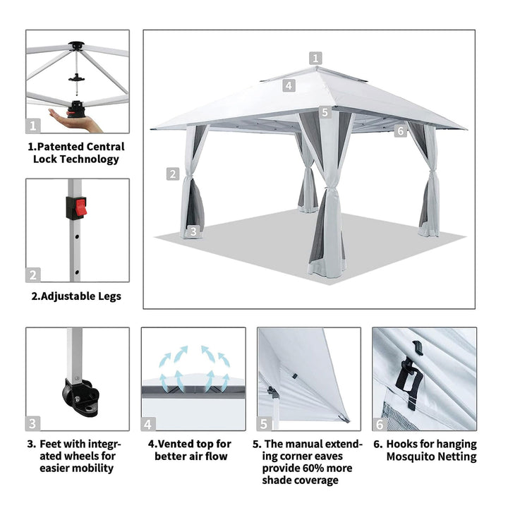 CROWN SHADES 13x13Ft Pop Up Gazebo w/4 Mosquito Net Sidewalls, White (Used) - VMInnovations