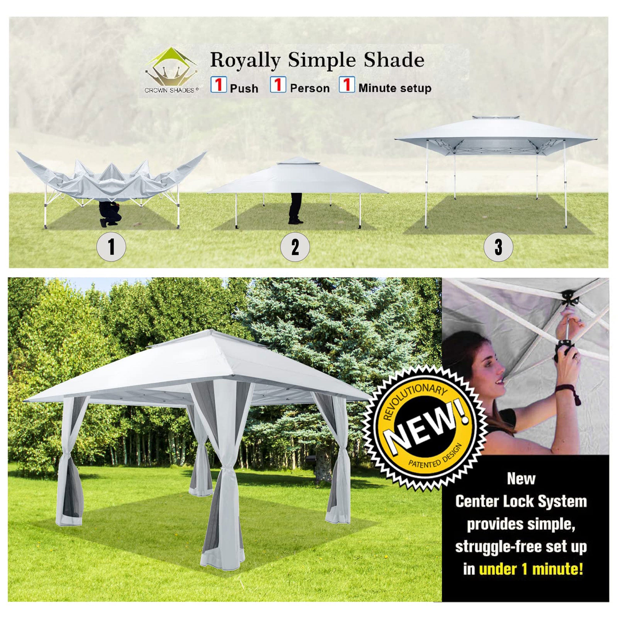 CROWN SHADES 13 x 13 Ft Pop Up Gazebo Shelter w/4 Mosquito Net Sidewalls, White