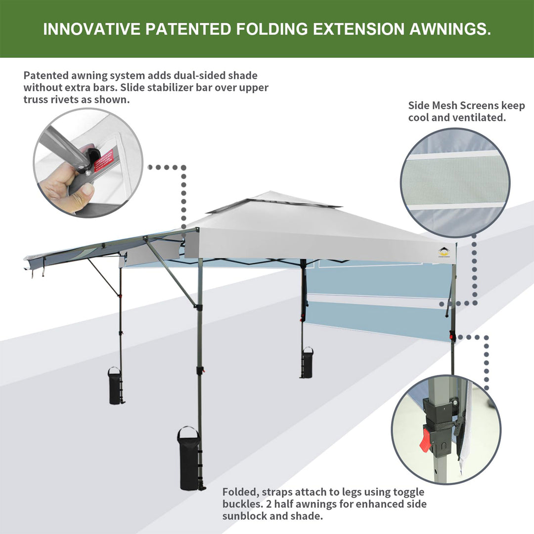 CROWN SHADES 10x10 Ft Pop Up Canopy Tent w/2 Extended Awnings, White (Used) - VMInnovations