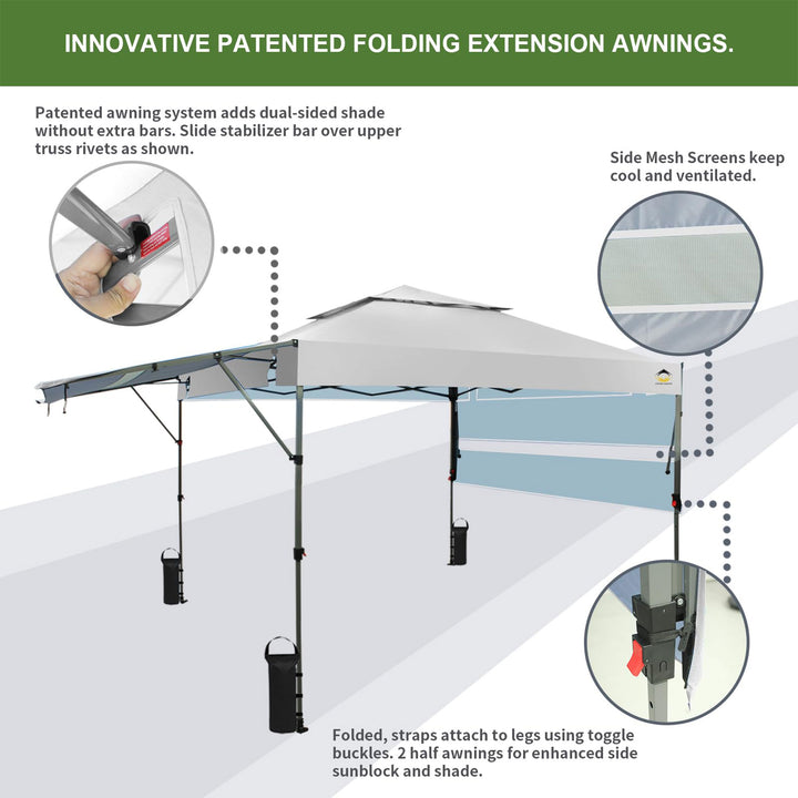 CROWN SHADES 10x10 Ft Pop Up Canopy Tent w/2 Extended Awnings, White (Used) - VMInnovations