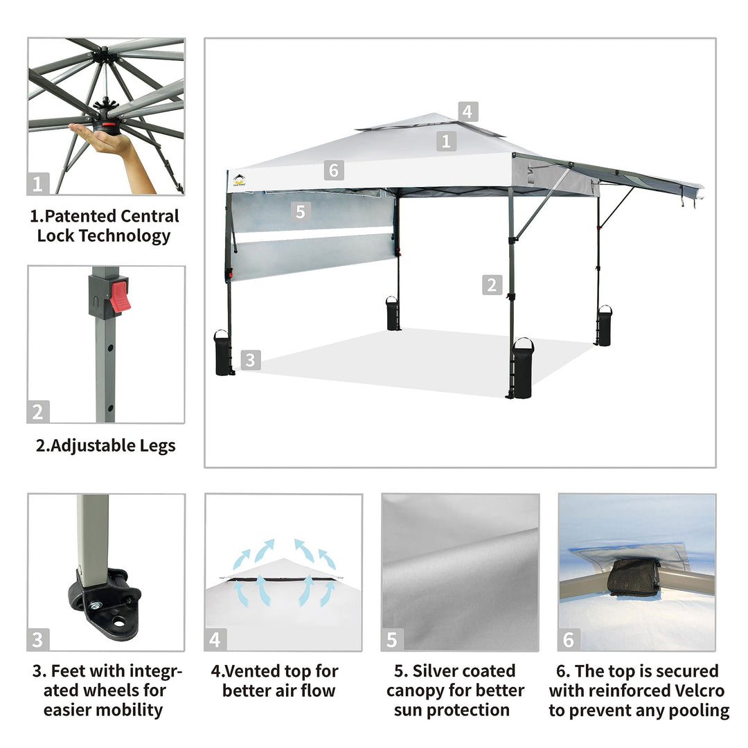 CROWN SHADES 10x10 Ft Pop Up Canopy Tent w/2 Extended Awnings, White (Used) - VMInnovations