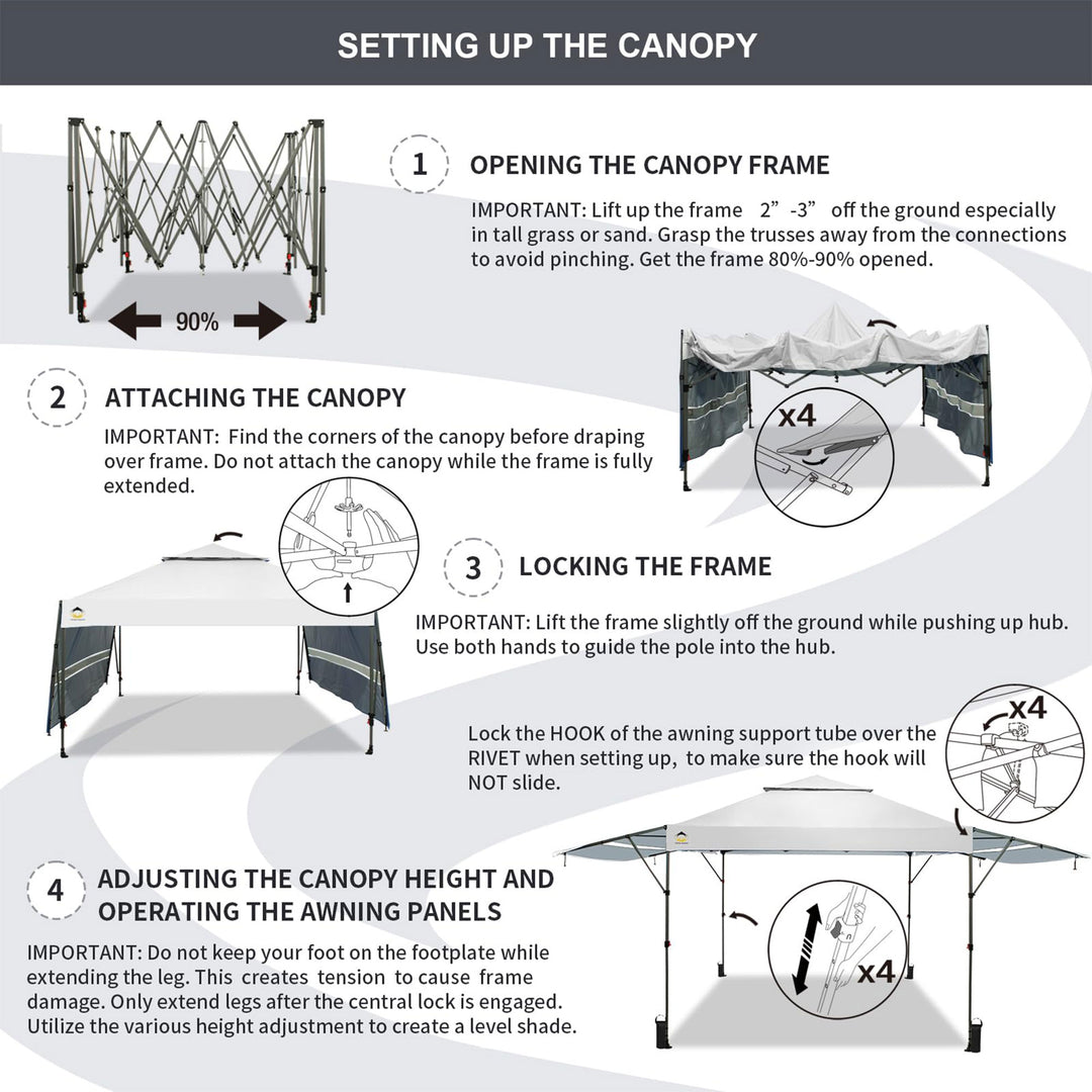 CROWN SHADES 10x10 Ft Pop Up Canopy Tent w/2 Extended Awnings, White (Used) - VMInnovations