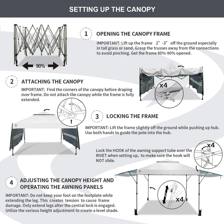 CROWN SHADES 10x10 Ft Pop Up Canopy Tent w/2 Extended Awnings, White (Used) - VMInnovations