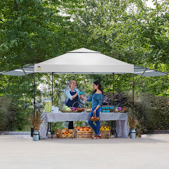 CROWN SHADES 10x10 Ft Pop Up Canopy Tent w/2 Extended Awnings, White (Used) - VMInnovations