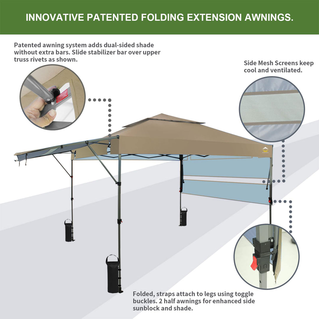 CROWN SHADES 10x10 Ft Pop Up Canopy Tent with 2 Extended Awnings, Beige (Used) - VMInnovations