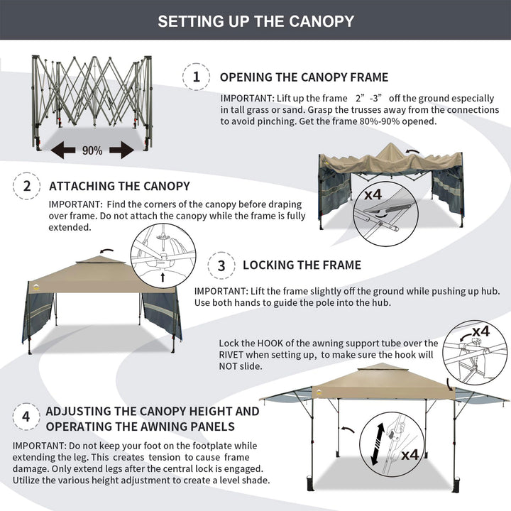 CROWN SHADES 10x10 Ft Pop Up Canopy Tent with 2 Extended Awnings, Beige (Used) - VMInnovations