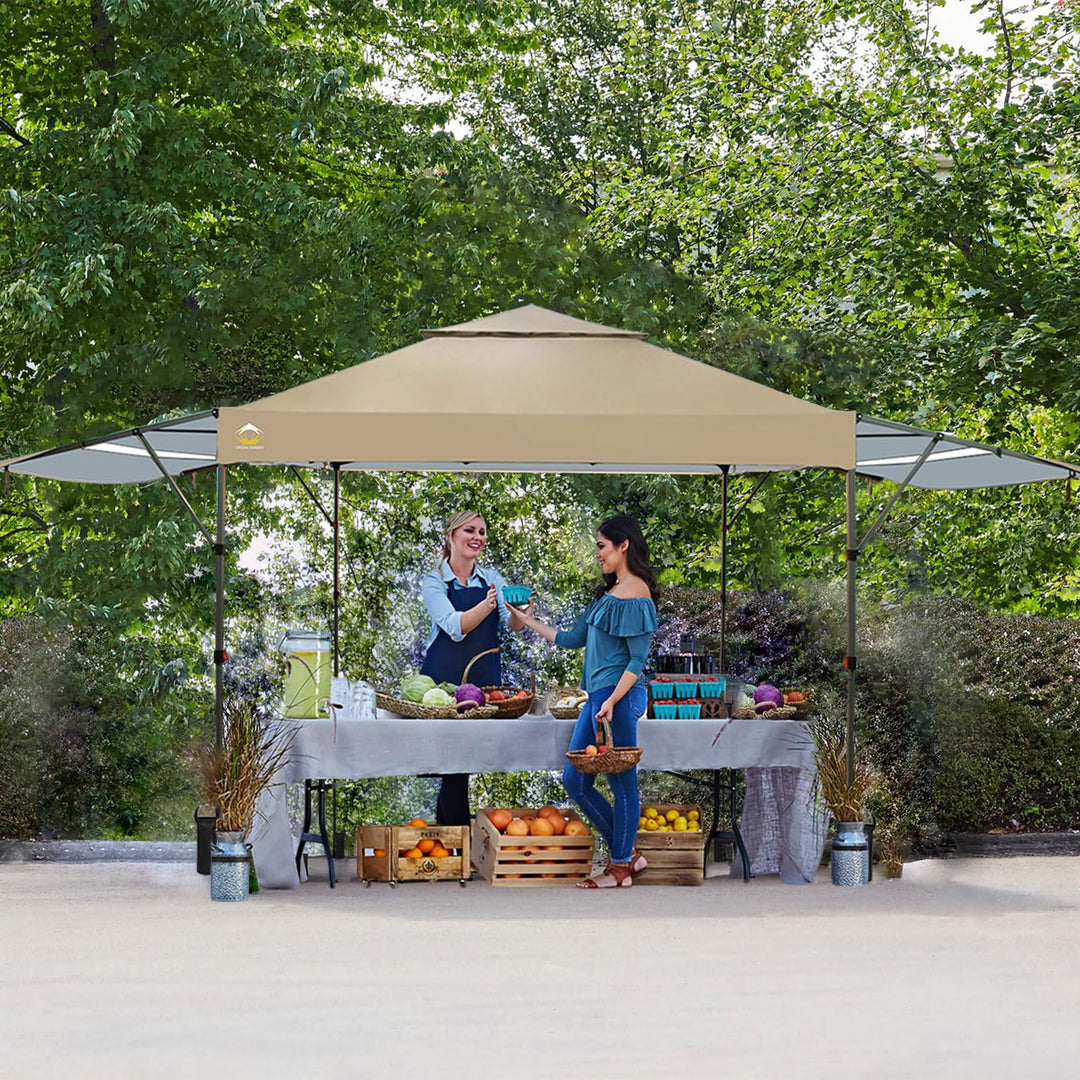 CROWN SHADES 10x10 Ft Pop Up Canopy Tent with 2 Extended Awnings, Beige (Used) - VMInnovations