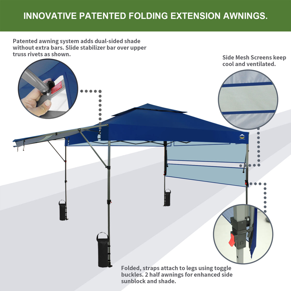 CROWN SHADES 10x10 Ft Pop Up Outdoor Canopy Tent w/2 Extended Awnings, Navy Blue