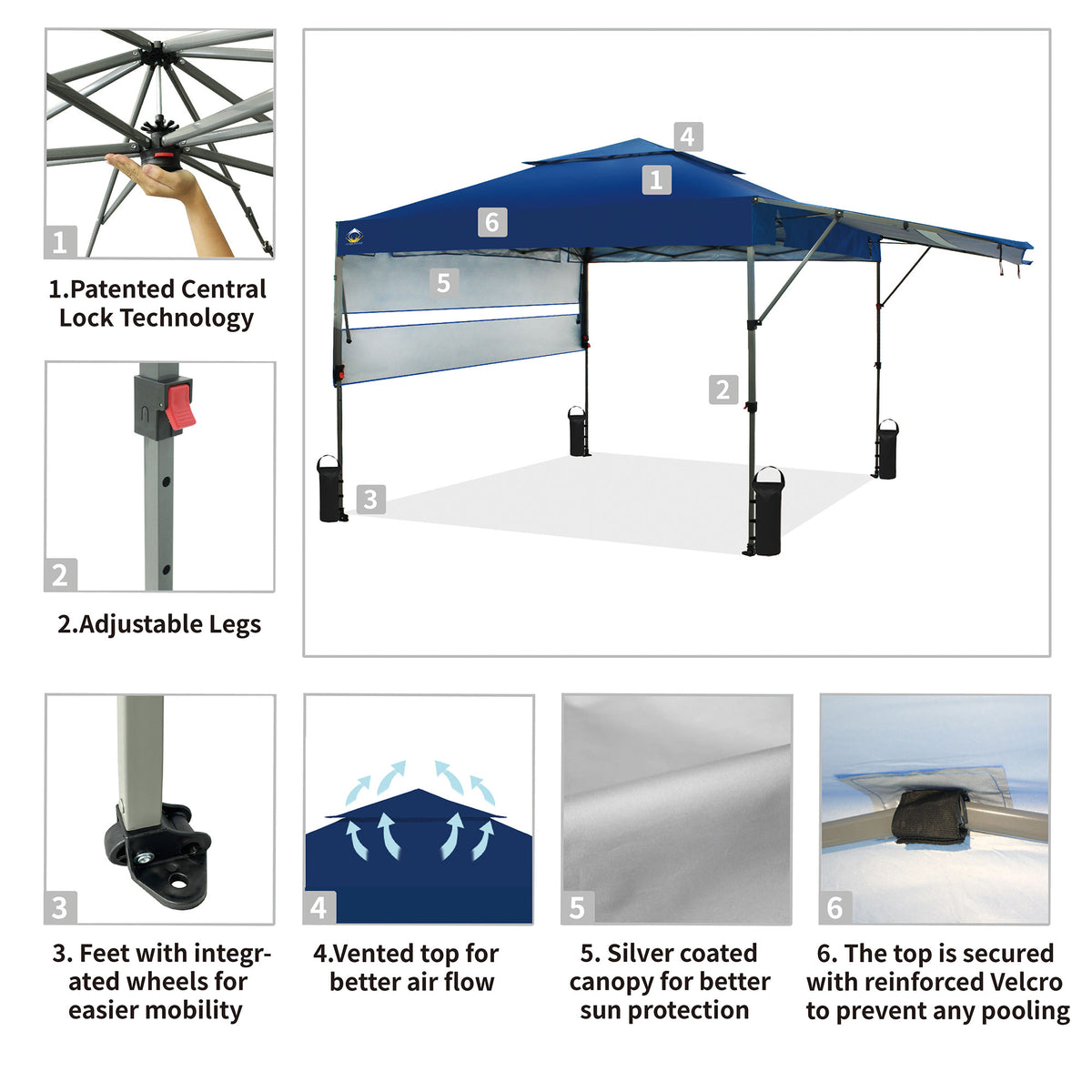 CROWN SHADES 10x10 Ft Pop Up Outdoor Canopy Tent w/2 Extended Awnings, Navy Blue