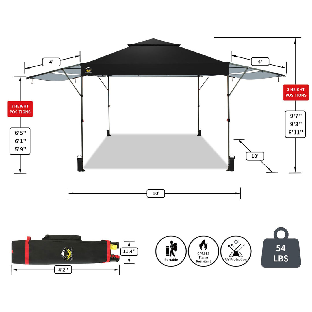 CROWN SHADES 10x10 Ft Pop Up Canopy Tent with 2 Extended Awnings, Black (Used) - VMInnovations