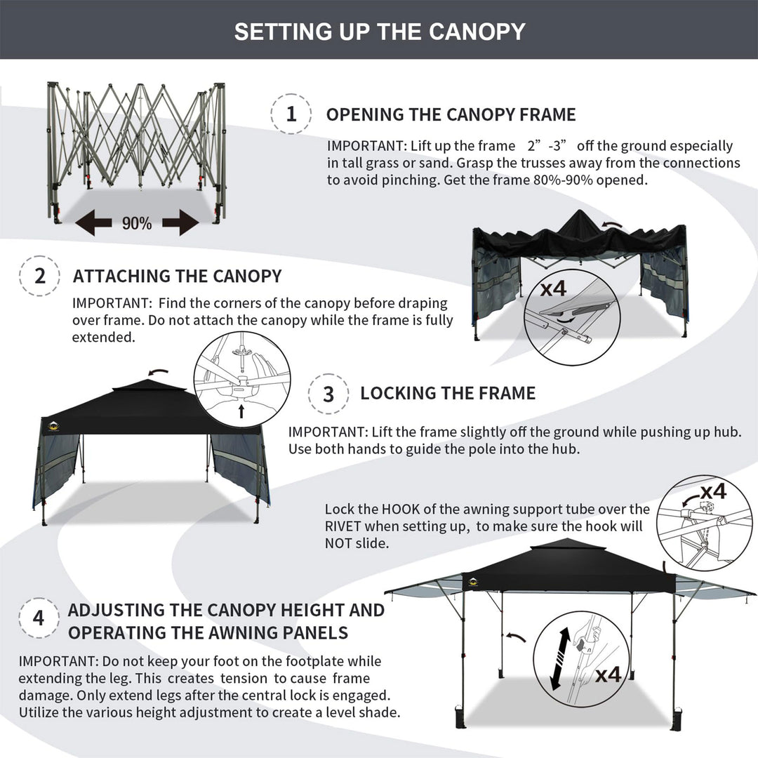 CROWN SHADES 10x10 Ft Pop Up Canopy Tent with 2 Extended Awnings, Black (Used) - VMInnovations