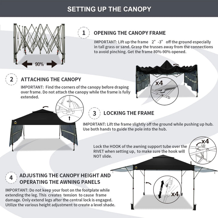CROWN SHADES 10x10 Ft Pop Up Canopy Tent with 2 Extended Awnings, Black (Used) - VMInnovations