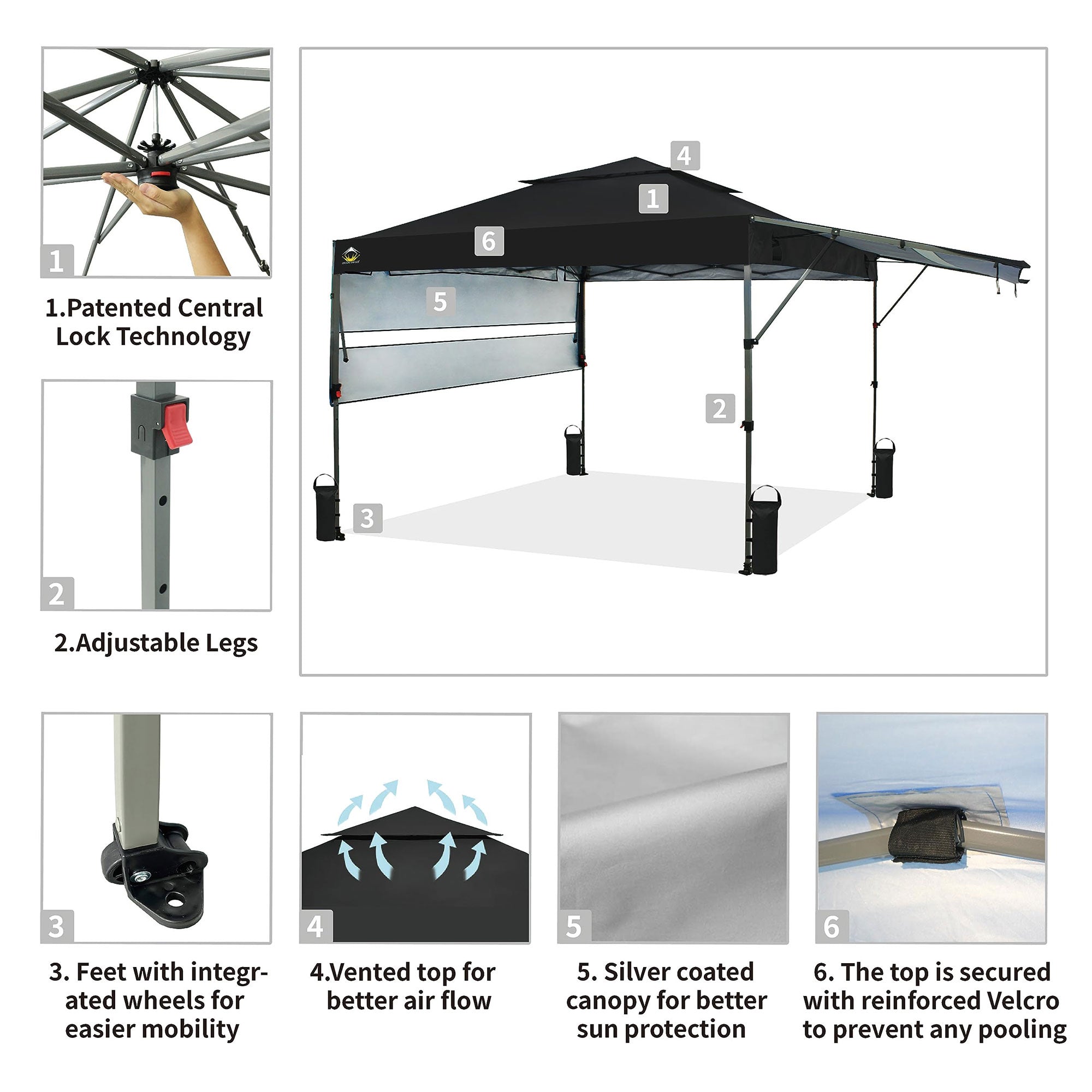CROWN SHADES 10x10 Ft Pop Up Outdoor Canopy Tent with 2 Extended Awnings, Black