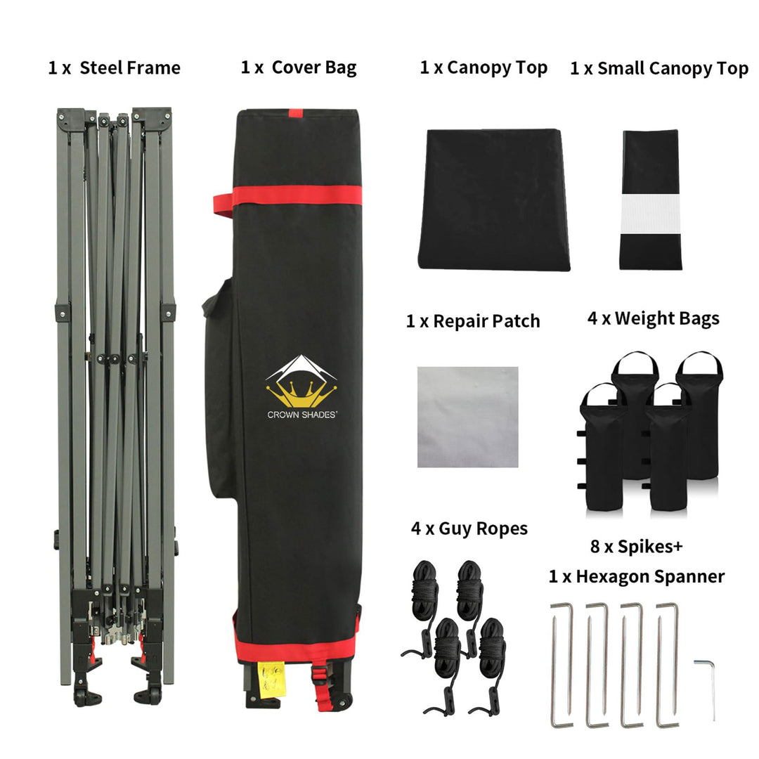 CROWN SHADES 10x10 Ft Pop Up Canopy Tent with 2 Extended Awnings, Black (Used) - VMInnovations