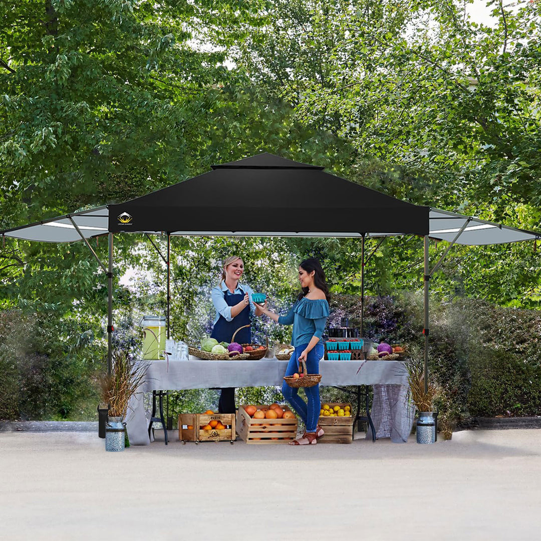CROWN SHADES 10x10 Ft Pop Up Canopy Tent with 2 Extended Awnings, Black (Used) - VMInnovations