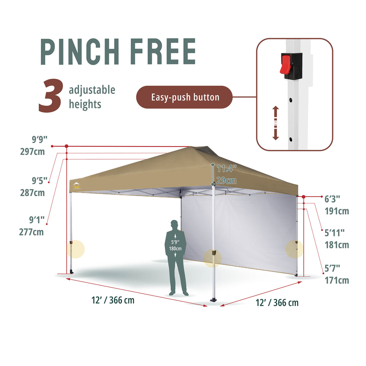 CROWN SHADES 12x12 Ft Pop Up Canopy Tent w/ Sidewall & Push Center Lock, Beige