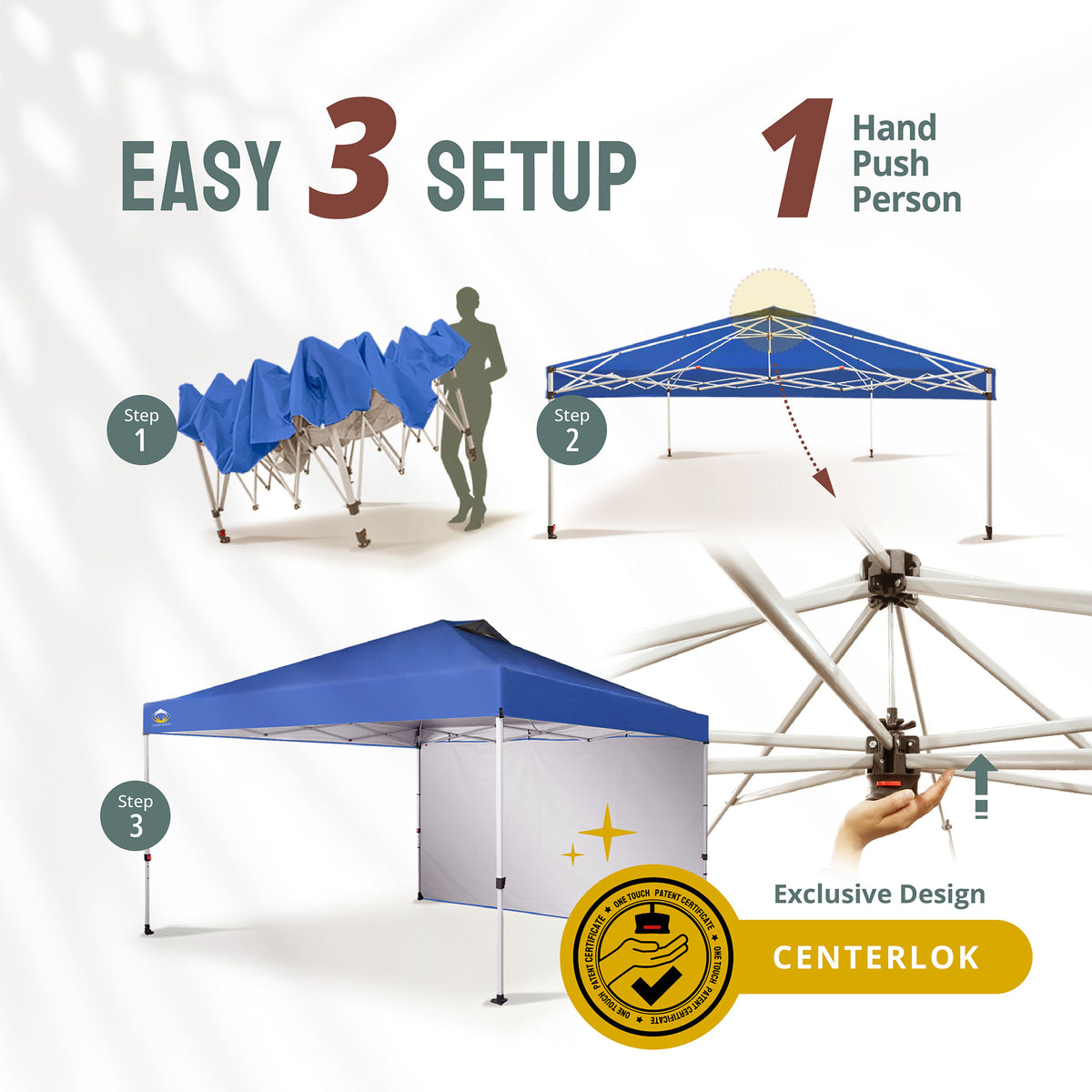 CROWN SHADES 12x12 Ft Pop Up Canopy Tent w/ Sidewall & Push Center Lock, Blue