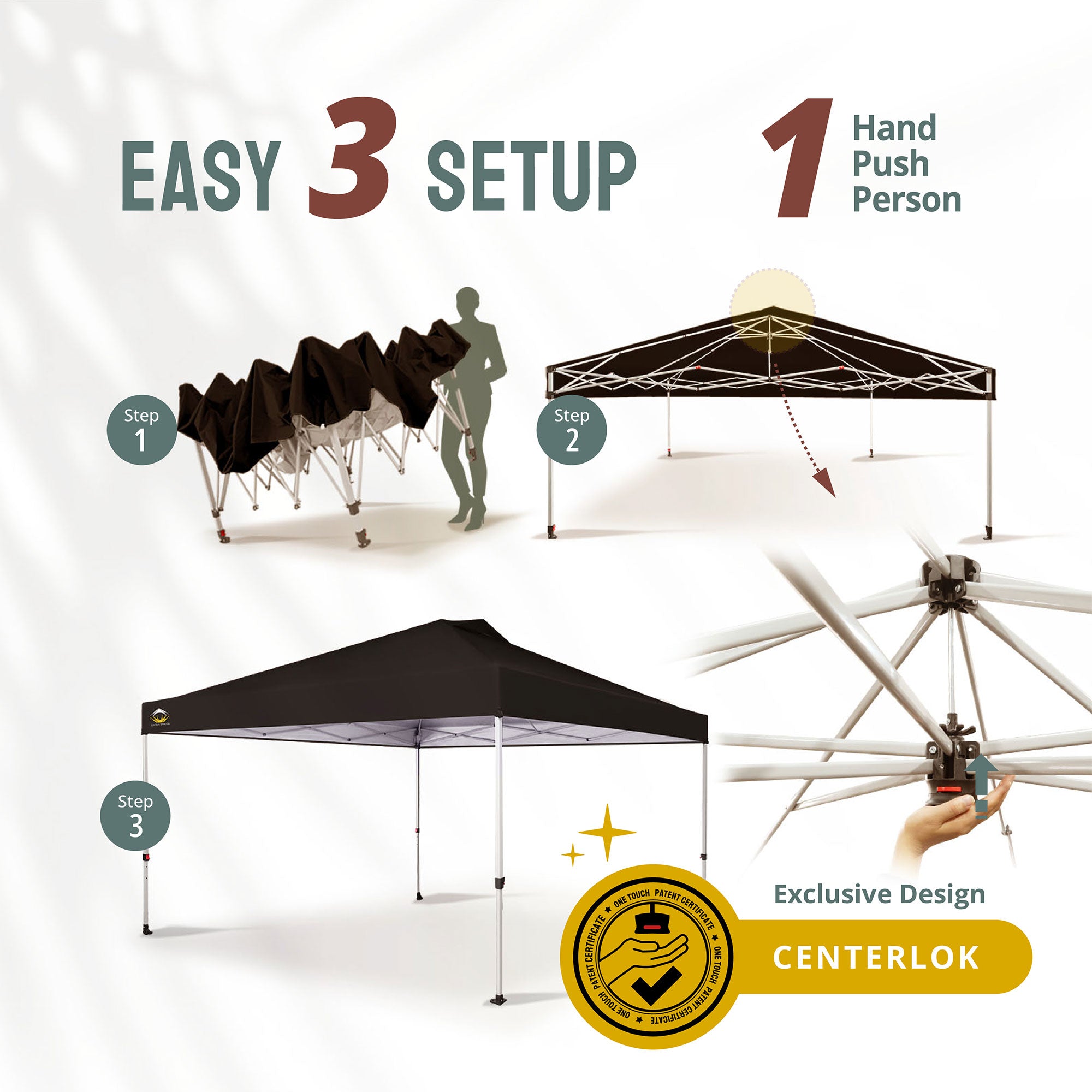 CROWN SHADES 12x12 Ft Pop Up Outdoor Canopy Tent with 1 Push Center Lock, Black