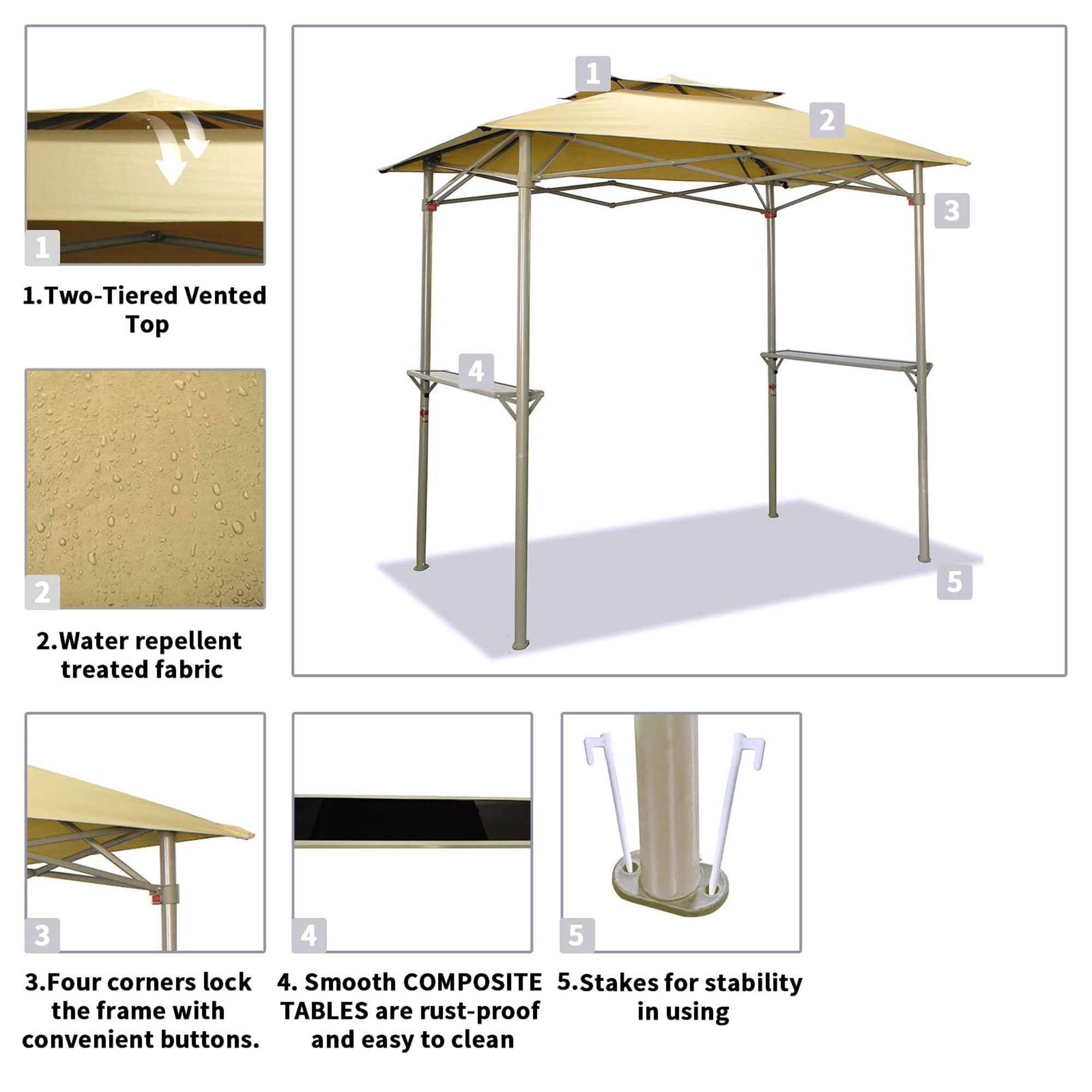 CROWN SHADES 8 x 5 Foot BBQ Grill Gazebo with Vented Top and Side Shelves, Beige