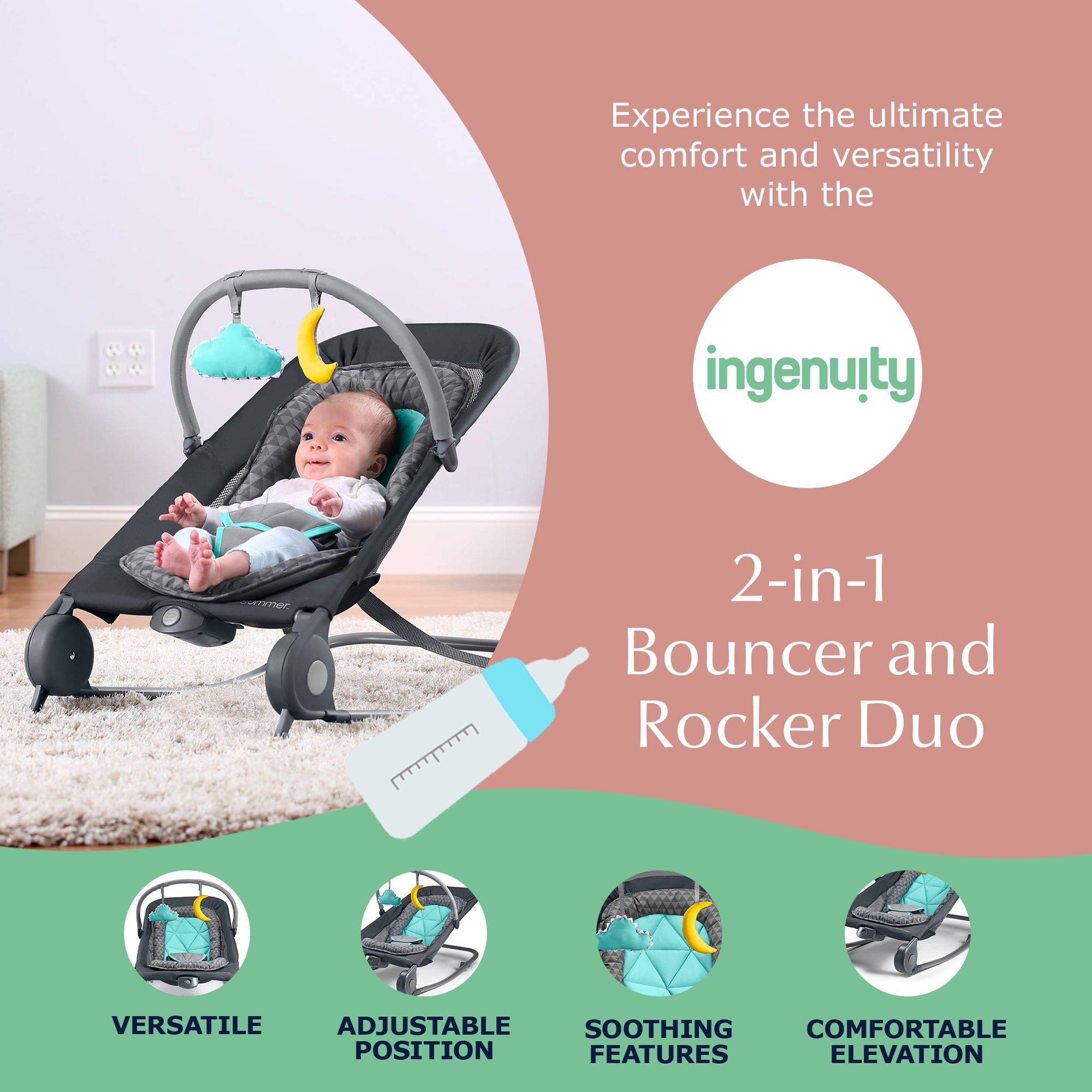 Ingenuity Summer 2 In 1 Bouncer & Rocker Duo w/Inclined Sleeper Design(Open Box) - VMInnovations