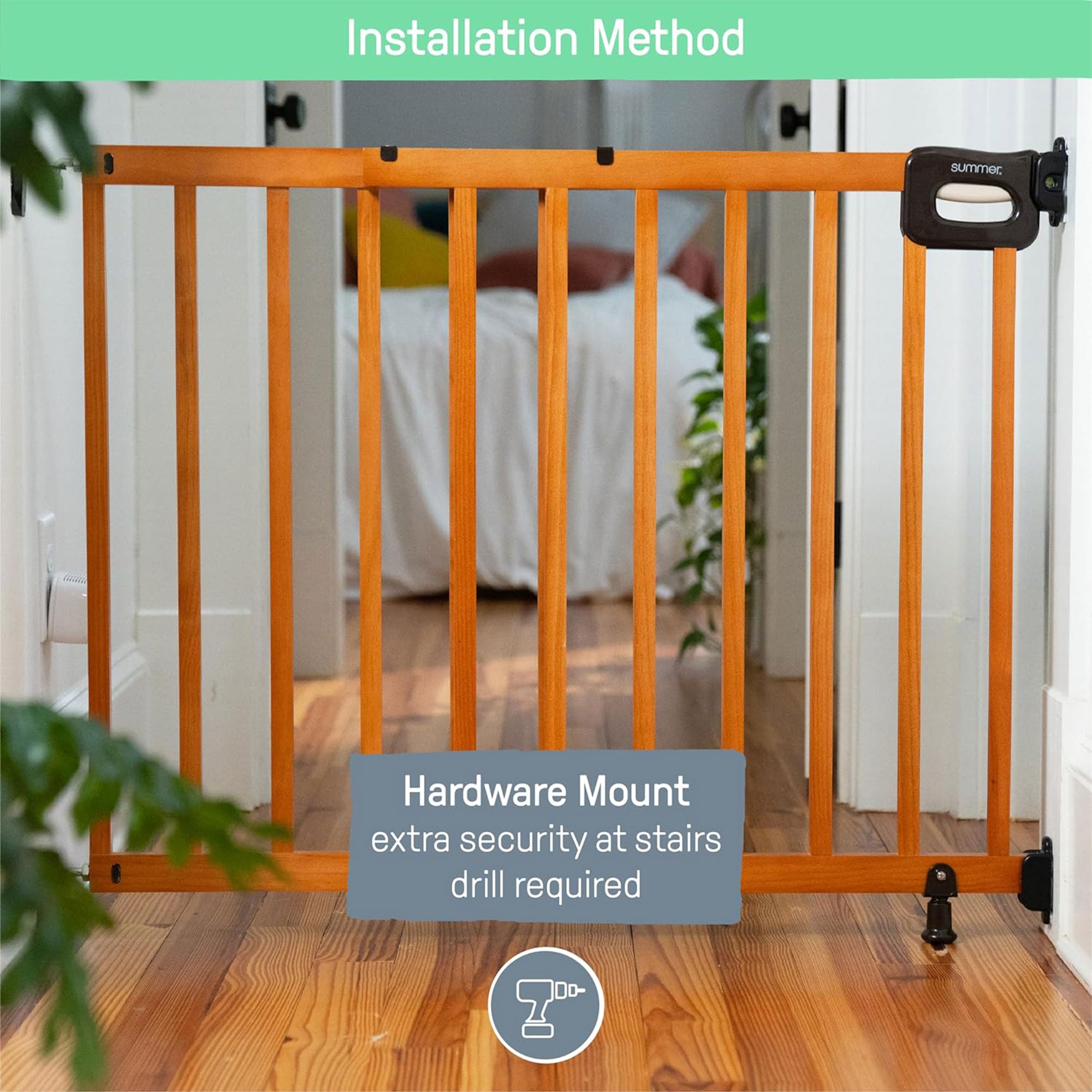Summer 32" Deluxe Stairway Secure Safety Pet and Baby Gate, Oak Wood (Open Box) - VMInnovations