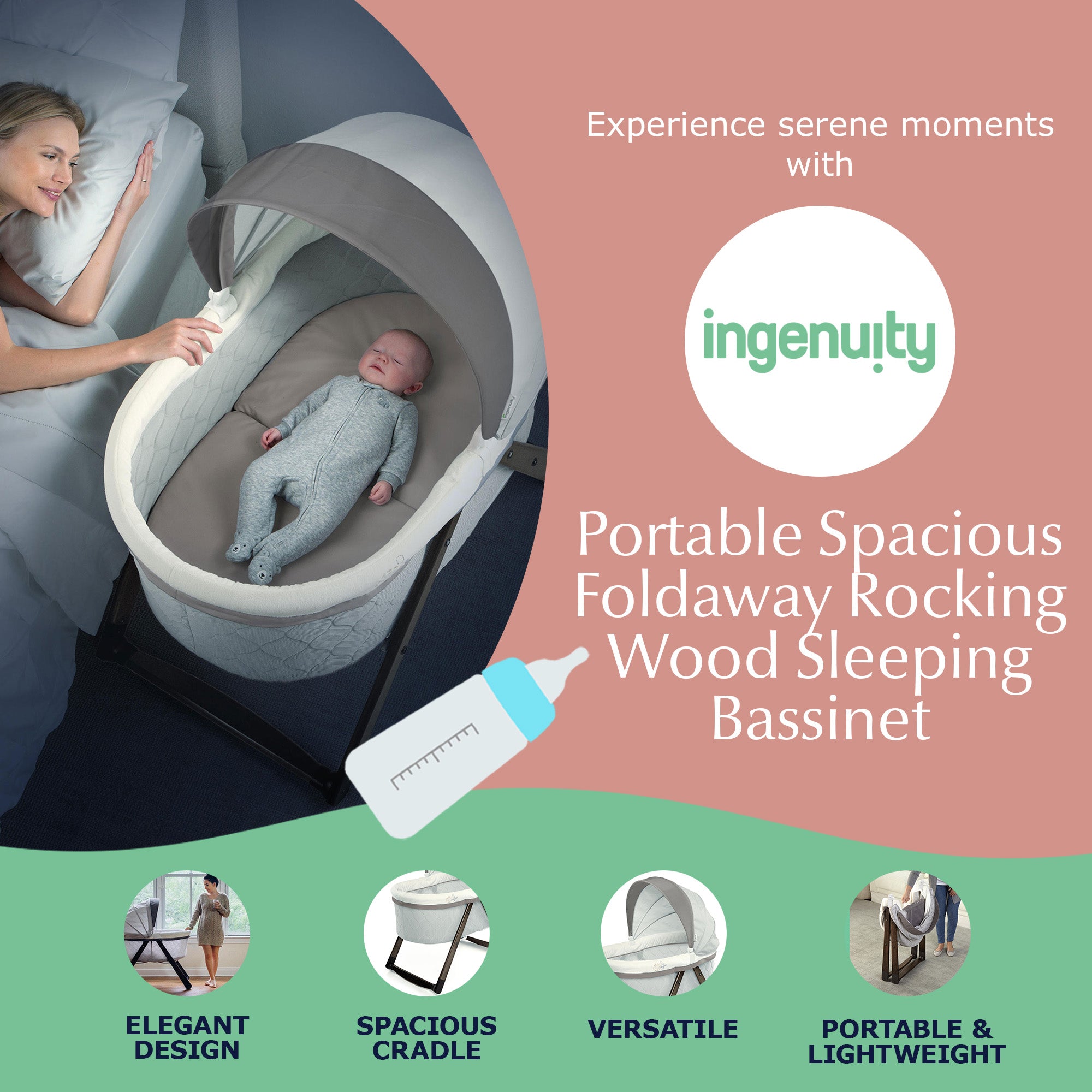 Ingenuity Spacious Foldaway Rocking Wood Sleeping Bassinet, Carrington(Open Box) - VMInnovations