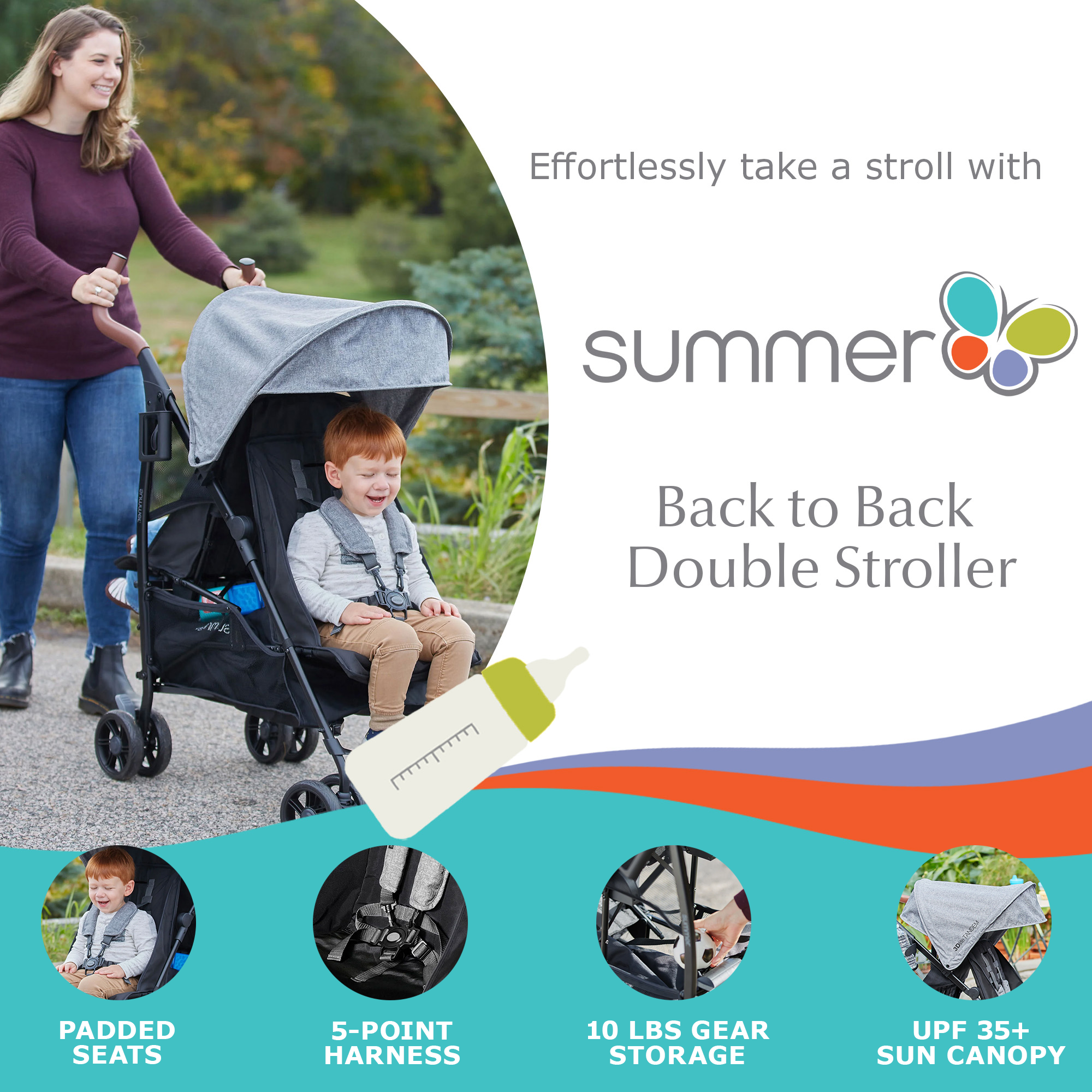 Summer Infant 3Dlite Tandem Back to Back Double Stroller for Infants & Toddlers - VMInnovations