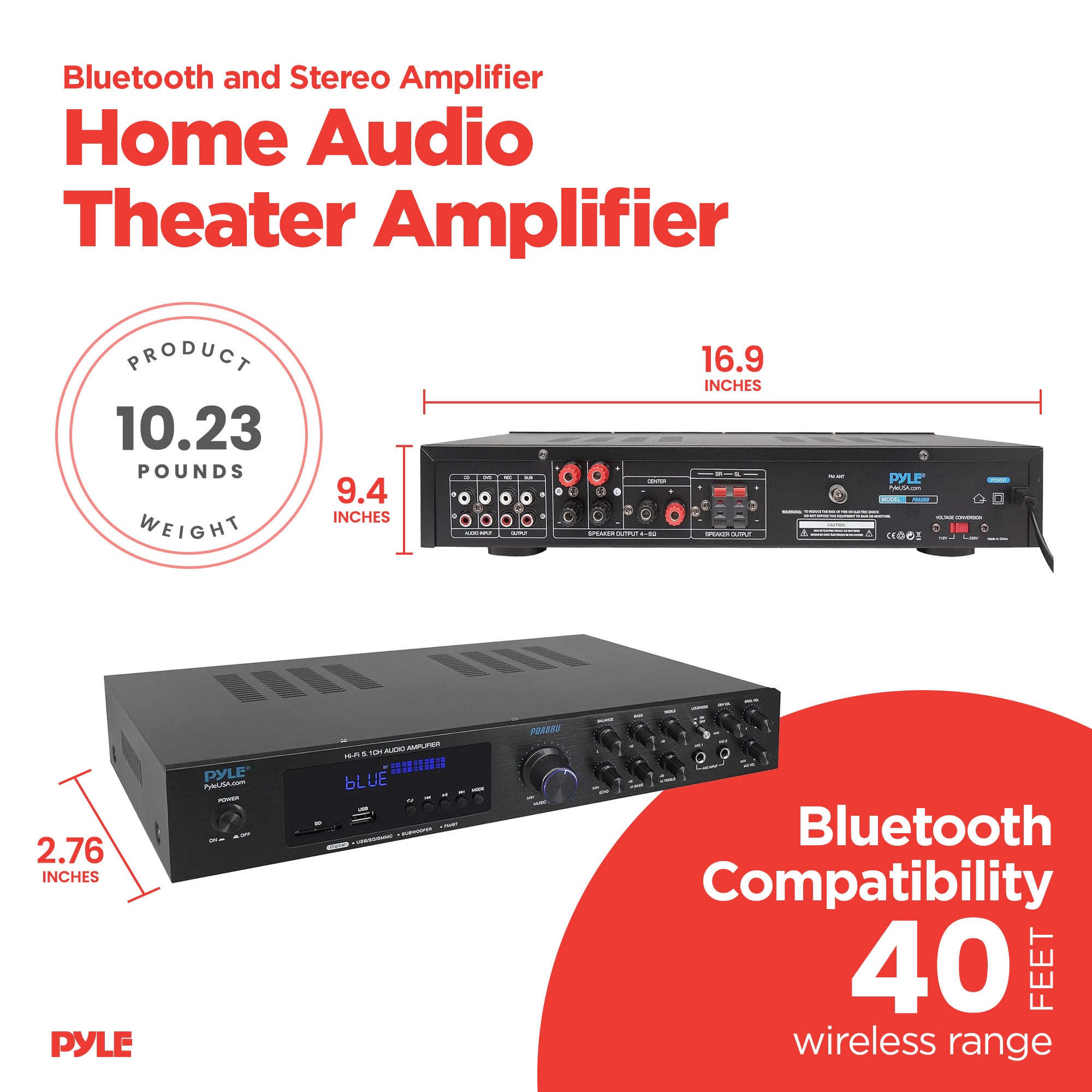 Pyle Home Audio Theater Amplifier with Bluetooth and Stereo Amplifier, Black - VMInnovations